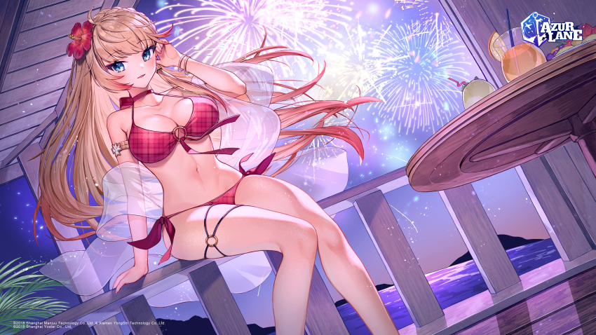1girl absurdres aqua_eyes arm_support armlet azur_lane bikini blonde_hair blush bracelet breasts choker cleavage collarbone commentary_request copyright_name cup drinking_straw fireworks flower hair_flower hair_ornament hand_up hibiscus highres howe_(azur_lane) jewelry large_breasts logo long_hair looking_at_viewer makeup navel night night_sky o-ring o-ring_bikini ocean official_art outdoors see-through_clothes simple_background sitting sky smile star_(sky) starry_sky stomach swimsuit table thigh_strap thighs tropical_drink tsunakawa water