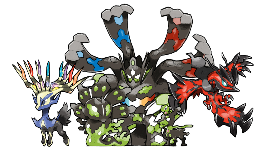 antlers blacknirrow blue_eyes chibi flying gen_6_pokemon highres horns legendary_pokemon nintendo no_humans open_mouth pokemon pokemon_(creature) simple_background tongue tongue_out white_background white_eyes xerneas yveltal zygarde zygarde_(10) zygarde_(50) zygarde_(complete) zygarde_core