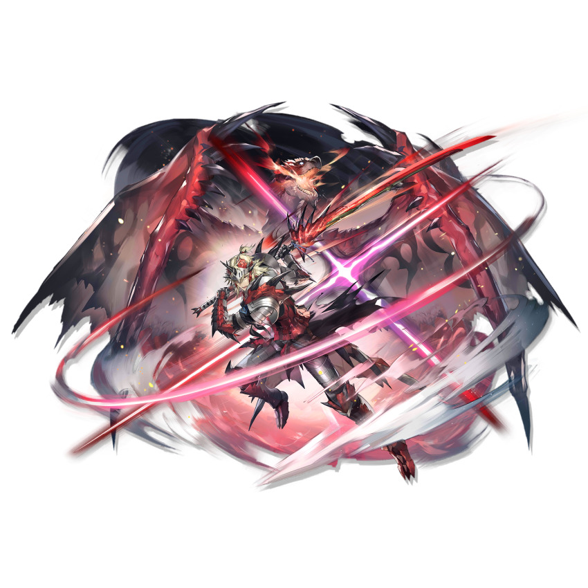 1boy arknights armor blonde_hair breastplate elite_ii_(arknights) full_body greaves hand_on_own_hip highres holding holding_sword holding_weapon male_focus medium_hair monster_hunter_(series) noir_corne_(arknights) official_art pouch rathalos_s_noir_corne_(arknights) ryuuzaki_ichi shoulder_armor smile solo sword transparent_background weapon