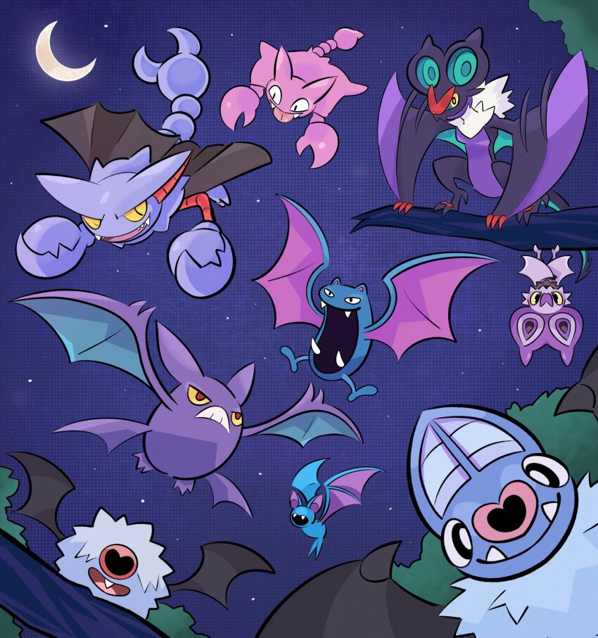 bat_(animal) black_eyes bright_pupils crescent crobat evolutionary_line fangs gen_1_pokemon gen_2_pokemon gen_4_pokemon gen_5_pokemon gen_6_pokemon gligar gliscor golbat highres june_buns moon night nintendo no_humans noibat noivern pokemon pokemon_(creature) smile swoobat tree white_pupils wings woobat zubat