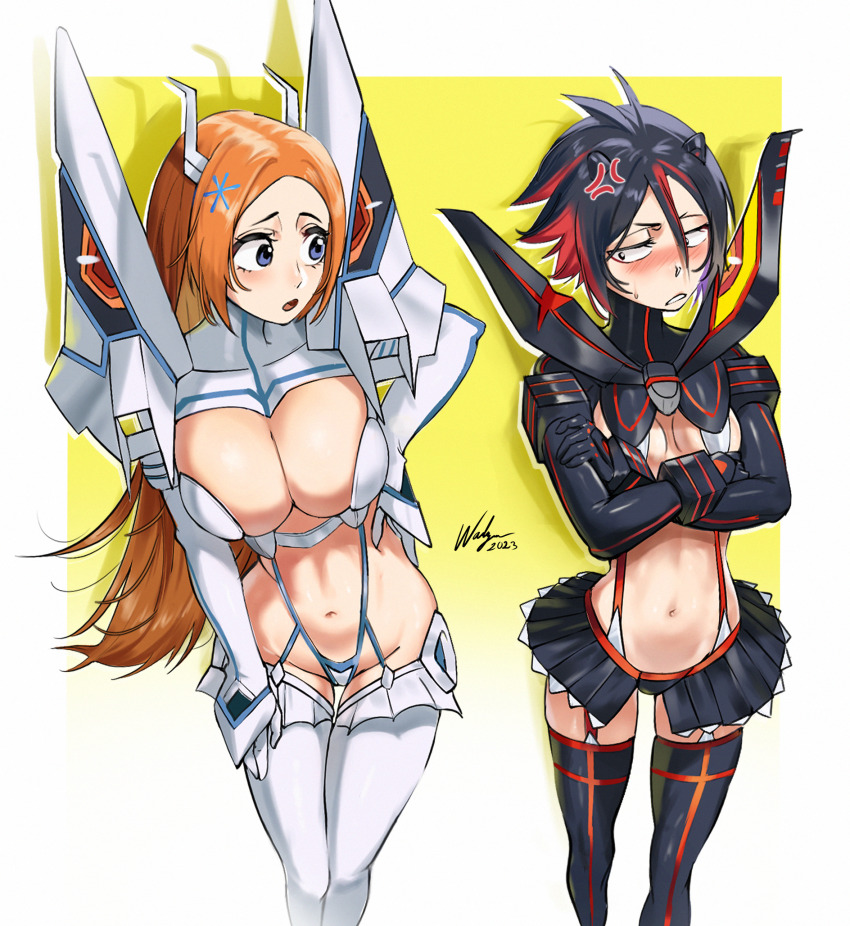 2girls alternate_costume anger_vein black_eyes black_hair black_skirt black_thighhighs black_vs_white bleach breast_envy breasts cleavage cosplay female_focus gradient_hair grey_eyes hairpods highres inoue_orihime kill_la_kill kiryuuin_satsuki kiryuuin_satsuki_(cosplay) kuchiki_rukia large_breasts life_fiber living_clothes matoi_ryuuko matoi_ryuuko_(cosplay) microskirt multicolored_hair multiple_girls navel orange_hair red_hair revealing_clothes skirt small_breasts suspenders thighhighs waligner white_thighhighs