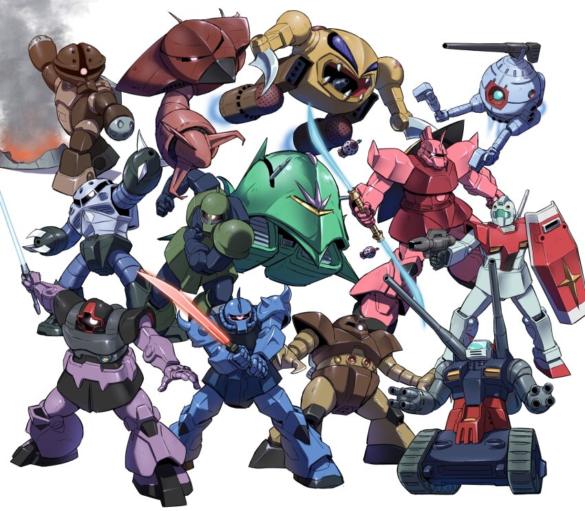 absurdres acguy aiming assault_visor ball_(gundam) beam_cannon beam_gun bit_(gundam) blue_visor caterpillar_tracks charging_forward claws dom_(mobile_suit) double_blade earth_federation elmeth energy_sword exhaust flying full_body gatling_gun gelgoog_s_char_custom glowing glowing_eye gm_(mobile_suit) gogg gouf grublo gun gundam guntank highres holding holding_gun holding_sword holding_weapon horns mecha mecha_focus mobile_armor mobile_suit mobile_suit_gundam no_humans one-eyed outstretched_arm outstretched_arms red_eyes robot science_fiction shield shoulder_cannon shoulder_spikes simple_background single_horn siratori_(yy_203) smoke spikes standing sword weapon white_background white_eyes z&#039;gok zakrello zaku_i zeon