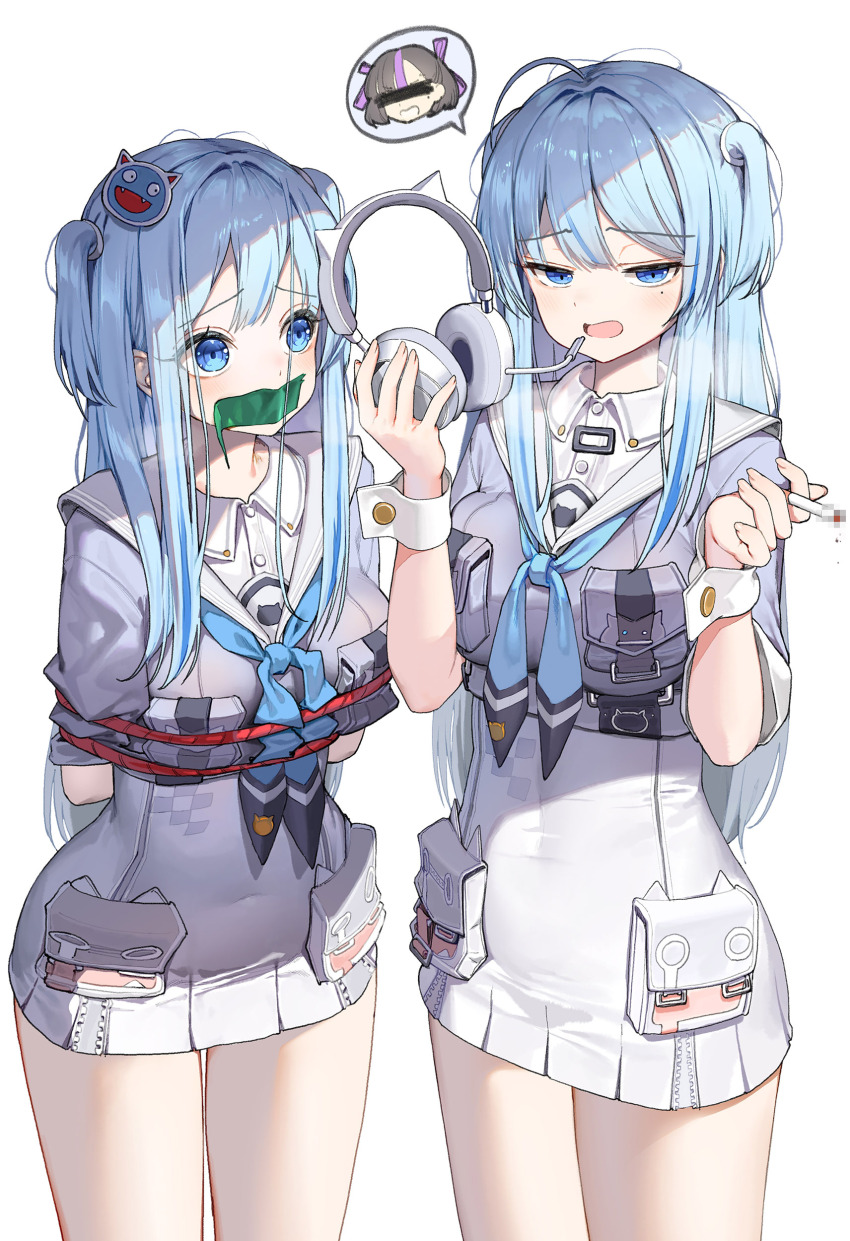 2girls absurdres animal_ear_headphones animal_ears april_fools arms_behind_back blue_eyes blue_hair blue_neckerchief bound breasts cat_ear_headphones censored cigarette commentary cosplay covered_navel dduck_kong fake_animal_ears gag goddess_of_victory:_nikke grey_shirt hair_ornament hairclip headphones headset headset_removed high-waist_skirt highres holding holding_cigarette censored_identity improvised_gag long_hair looking_at_another looking_at_viewer medium_breasts mole mole_under_eye mosaic_censoring multiple_girls neckerchief open_mouth pouch rope sailor_collar shifty_(nikke) shifty_(nikke)_(cosplay) shirt short_sleeves sidelocks simple_background skirt smoking spoken_character standing syuen_(nikke) tape tape_gag tied_up_(nonsexual) undershirt white_background white_sailor_collar white_shirt white_skirt wrist_cuffs