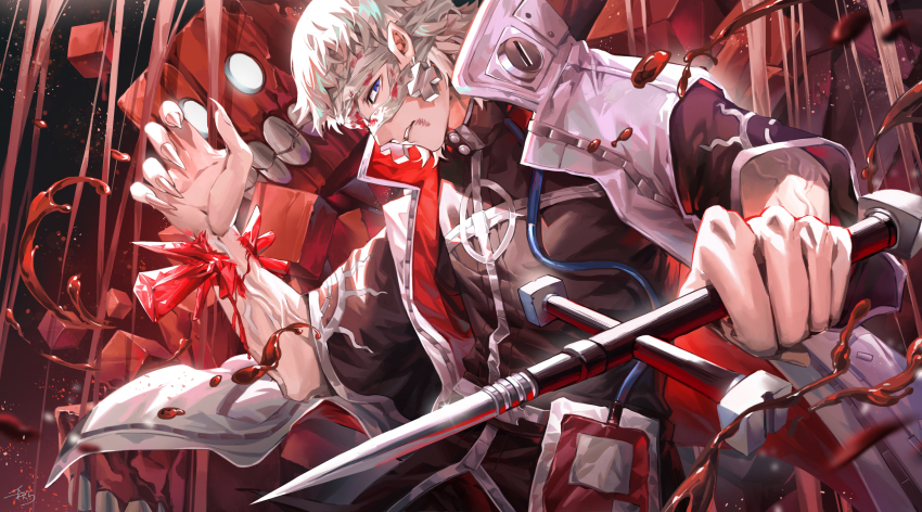 1boy absurdres alchemy_stars bandages bandaged_head bandages black_shirt blank_eyes blood blood_bag bloody_bandages blue_eyes celtic_cross commentary_request cross cross_earrings crystal cube dagger earrings fingernails hemokinesis highres holding holding_weapon injury jewelry knife lab_coat looking_at_viewer male_focus nails_(alchemy_stars) parted_lips sharp_fingernails shirt short_hair short_sleeves signature solo teeth tsukimiya_akira turtleneck upper_body veins weapon white_hair