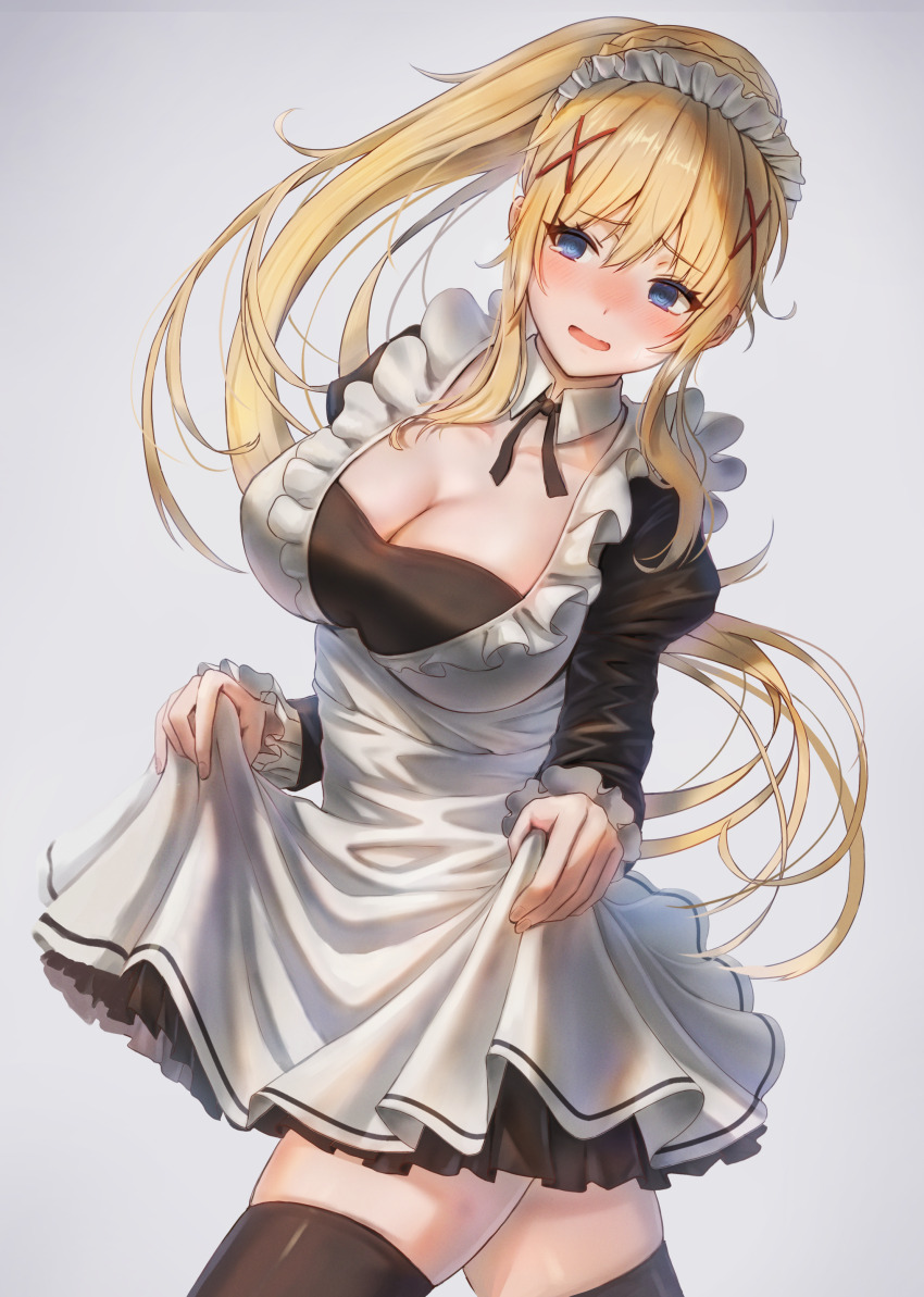 1girl absurdres alternate_costume apron black_dress black_thighhighs blonde_hair blue_eyes blush braid breasts cleavage collar collarbone commentary_request darkness_(konosuba) detached_collar dress enmaided frilled_apron frills gradient_background grey_background hair_ornament highres isome kono_subarashii_sekai_ni_shukufuku_wo! large_breasts long_hair long_sleeves maid maid_apron maid_headdress open_mouth ponytail revision skirt_hold solo thighhighs white_apron white_collar x_hair_ornament zettai_ryouiki