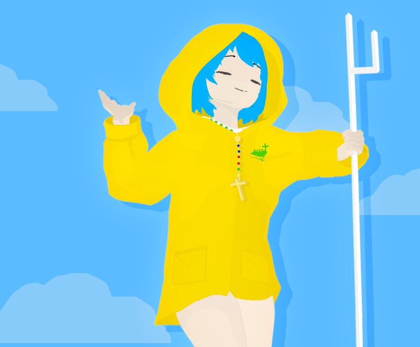1girl absurdres centraltoaa closed_eyes cloud commentary cross english_commentary highres holding holding_staff jubilee_2025 latin_cross luce_(jubilee_2025) no_lineart raincoat shirt short_hair simple_background smile staff yellow_raincoat