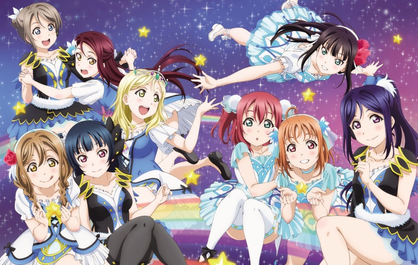 6+girls :d ahoge aqua_eyes artbook black_hair black_thighhighs blonde_hair blue_dress blue_eyes blue_hair braid brown_hair collarbone dress flower grey_hair grin hair_bun hair_flower hair_ornament highres holding_hands kunikida_hanamaru kurosawa_dia kurosawa_ruby long_hair looking_at_viewer love_live! love_live!_sunshine!! matsuura_kanan mole mole_under_mouth multiple_girls non-web_source official_alternate_costume official_art ohara_mari open_mouth orange_hair ponytail purple_eyes purple_hair red_eyes red_flower red_hair sakurauchi_riko short_hair short_sleeves single_hair_bun skirt smile star_(sky) star_(symbol) takami_chika thighhighs tongue tongue_out tsushima_yoshiko watanabe_you water_blue_new_world white_thighhighs yellow_eyes zettai_ryouiki