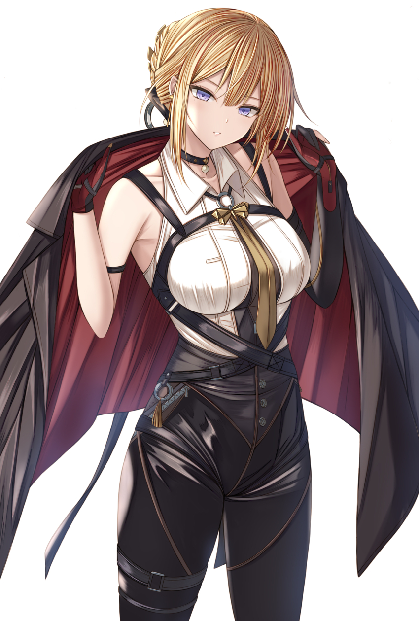 1girl bare_shoulders black_choker black_gloves black_jacket black_pants blonde_hair breasts choker collared_shirt commentary_request cowboy_shot elbow_gloves evelyn_chevalier gloves high-waist_pants highres holding holding_jacket holding_unworn_clothes jacket kanpyou_(hghgkenfany) large_breasts looking_at_viewer necktie pants parted_lips partial_commentary purple_eyes ring_hair_ornament shirt short_hair simple_background single_elbow_glove solo tight_clothes tight_pants unworn_jacket white_background white_shirt yellow_necktie zenless_zone_zero