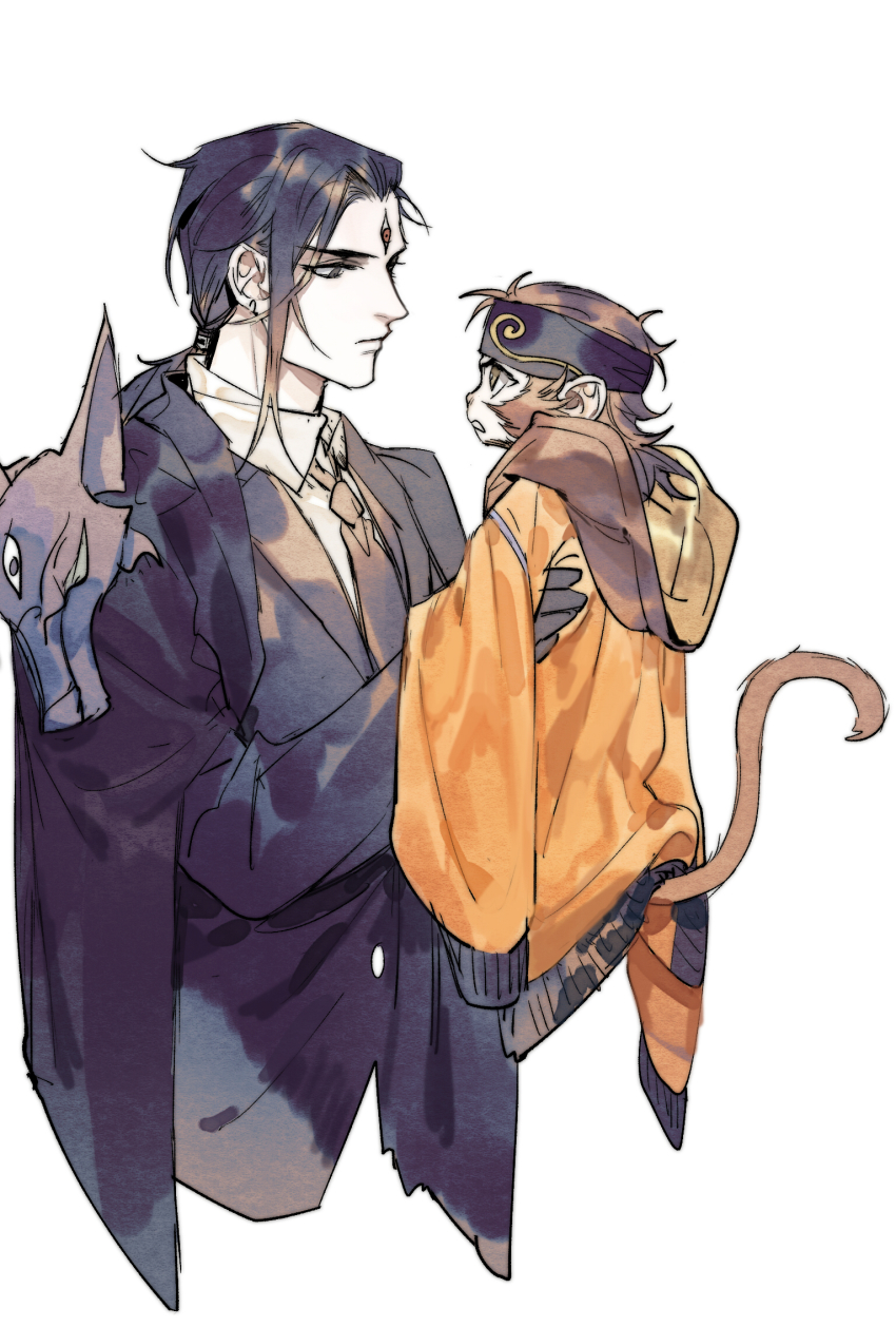 21_shiji_qujing_lu 2boys armor black_hair brown_hair carrying child_carry closed_mouth coat coat_on_shoulders earrings extra_eyes eye_contact formal_clothes headband highres hood hood_down hooded_jacket jacket jewelry long_hair long_sleeves looking_at_another looking_away low_ponytail male_focus monkey_boy monkey_tail multiple_boys necktie open_mouth pauldrons ponytail profile robe shoulder_armor suit sun_wukong tail xiandao1213 yang_jian_(journey_to_the_west) yellow_jacket aged_down