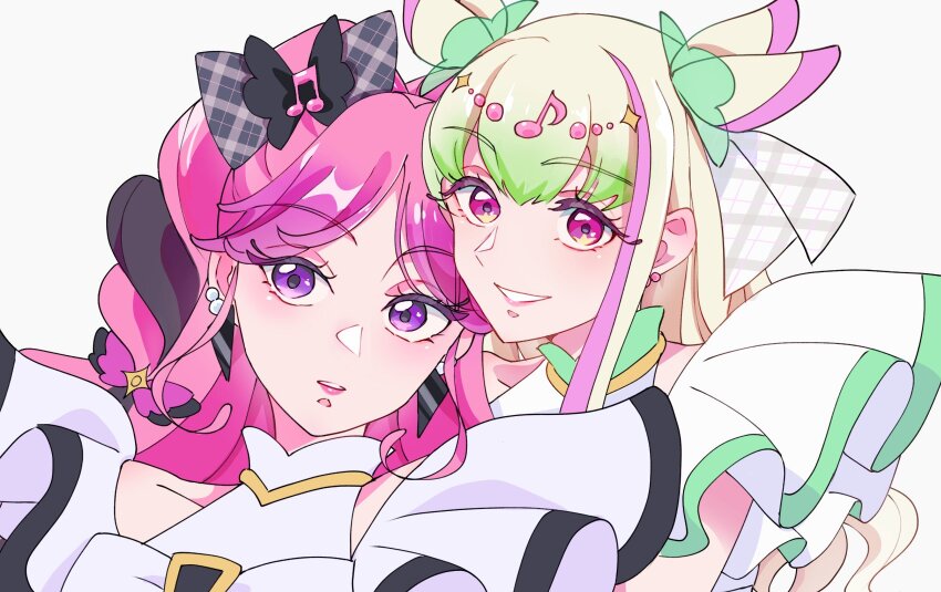 2girls bare_arms bare_shoulders behind_another black_choker black_hair blonde_hair blunt_bangs blush braid choker cure_kiss cure_zukyuun dress earrings eyelashes fortissimo frilled_dress frilled_ribbon frilled_sleeves frills from_behind gold_choker gradient_hair green_hair hair_ornament hair_ribbon hair_tie hair_wings highres jewelry kimi_to_idol_precure lipstick long_hair looking_at_another looking_at_viewer makeup meroron_(human_form) multicolored_hair multiple_earrings multiple_girls musical_note musical_note_hair_ornament parted_bangs pearl_earrings pink_hair pink_lips precure puffy_short_sleeves puffy_sleeves purirun_(human_form) purple_eyes red_eyes ribbon short_sleeves smile tungl243 twin_braids twintails upper_body very_long_hair wing_hair_ornament zooming_in