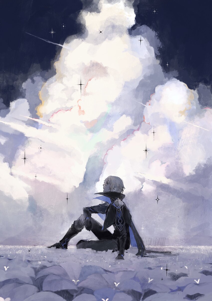 1boy absurdres black_gloves blonde_hair boots cloud cloudy_sky dainsleif_(genshin_impact) flower from_side full_body genshin_impact gloves hat highres jacket kaimochi0839 male_focus outdoors scarf short_hair sitting sky solo sparkle star_(sky)