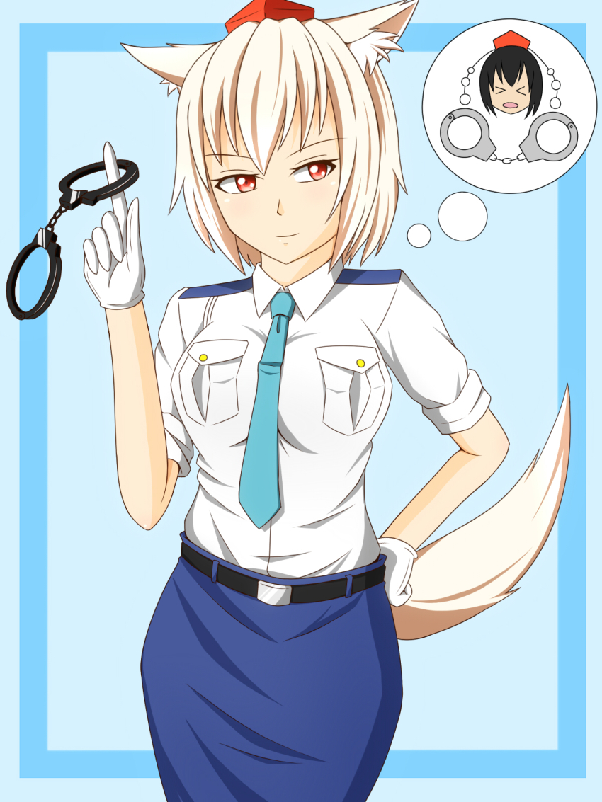 &gt;_&lt; 2girls animal_ears bad_id bad_pixiv_id breasts closed_eyes cuffs gloves hand_on_own_hip handcuffs hat highres inubashiri_momiji lactone looking_away multiple_girls open_mouth pencil_skirt police police_uniform policewoman red_eyes shameimaru_aya short_hair silver_hair skirt tail tokin_hat touhou wolf_ears wolf_tail