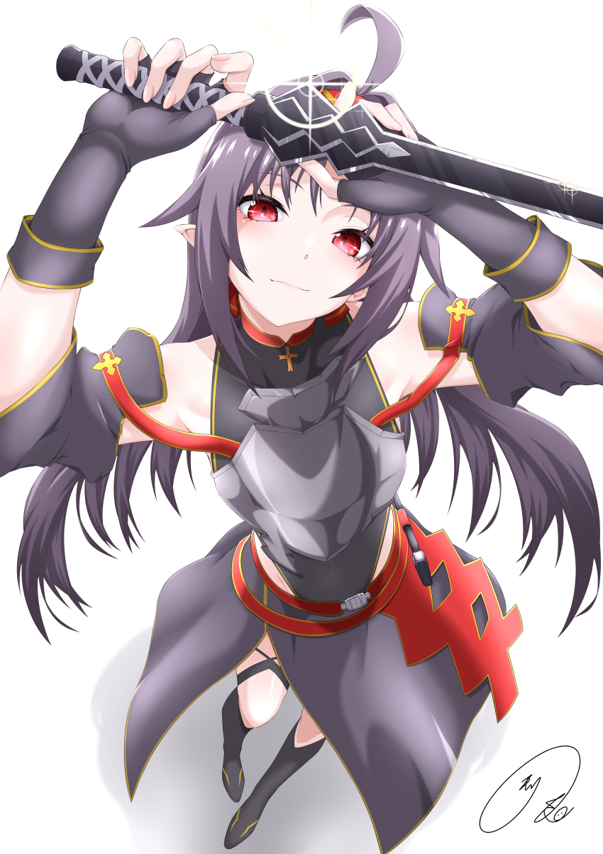 1girl absurdres ahoge armor bare_shoulders belt boots breastplate commentary_request covered_navel detached_sleeves eyelashes fingerless_gloves from_above full_body gloves gold_trim highres holding holding_sword holding_weapon knee_boots konno_yuuki_(sao) leotard light_smile long_hair long_skirt looking_at_viewer looking_up maximum7010 multiple_belts obsidian_slasher purple_armor purple_boots purple_eyes purple_gloves purple_leotard purple_sarong purple_sleeves red_belt red_eyes sarong signature simple_background skirt sword sword_art_online weapon white_background