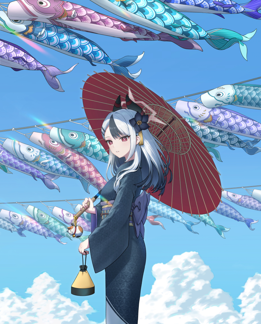 1girl absurdres asymmetrical_bangs black_choker black_flower black_hair black_horns black_kimono blue_archive blue_sky bright_pupils choker cloud dead_10001 demon_horns ear_piercing earclip flower hair_flower hair_ornament hairclip halo highres holding holding_umbrella horns japanese_clothes kayoko_(blue_archive) kayoko_(new_year)_(blue_archive) kimono long_hair looking_at_viewer multicolored_hair obi official_alternate_costume oil-paper_umbrella piercing red_eyes red_umbrella sash sky solo two-tone_hair umbrella umbrella_over_shoulder wheel_print white_hair white_pupils
