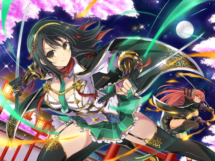 2girls ahoge architecture armor asuka_(senran_kagura) black_cape black_garter_straps black_shirt black_skirt black_thighhighs breasts bridal_gauntlets brown_eyes building cape cherry_blossoms chinese_knot cleavage dual_wielding east_asian_architecture energy fingerless_gloves fire frilled_skirt frills full_moon garter_straps gauntlets gloves green_necktie grin hair_down hair_ornament hairband highres holding homura_(senran_kagura) japanese_armor katana kote lantern large_breasts leg_warmers light_particles long_hair miniskirt moon multiple_girls necktie night night_sky o-ring_legwear_garter official_alternate_costume official_alternate_hairstyle official_art outdoors pleated_skirt purple_bridal_gauntlets red_eyes red_hair red_scarf reverse_grip scarf senran_kagura senran_kagura_new_link senran_kagura_shoujo-tachi_no_shin&#039;ei shiny_skin shirt single_thighhigh skirt sky smile sparkle star_(sky) starry_sky sword tassel tassel_hair_ornament thighhighs torii tree tsuba_(guard) unsheathed v-shaped_eyebrows wakizashi weapon white_shirt wooden_lantern yaegashi_nan yellow_shirt