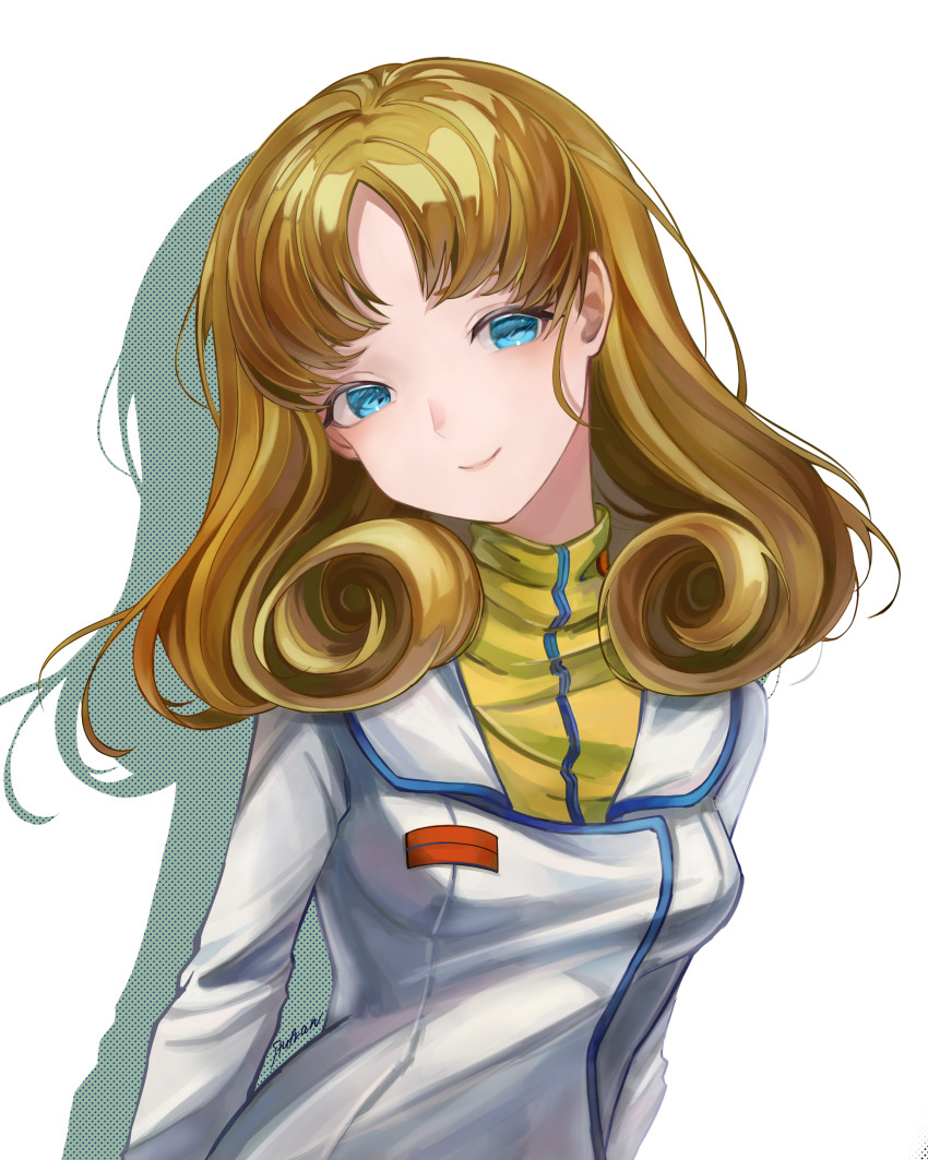 1girl absurdres blue_eyes choujikuu_yousai_macross commentary english_commentary happy hayase_misa head_tilt highres light_brown_hair lisa_hayes looking_at_viewer macross macross:_do_you_remember_love? robotech science_fiction signature smirk soldier u.n._spacy upper_body user_rktx5324