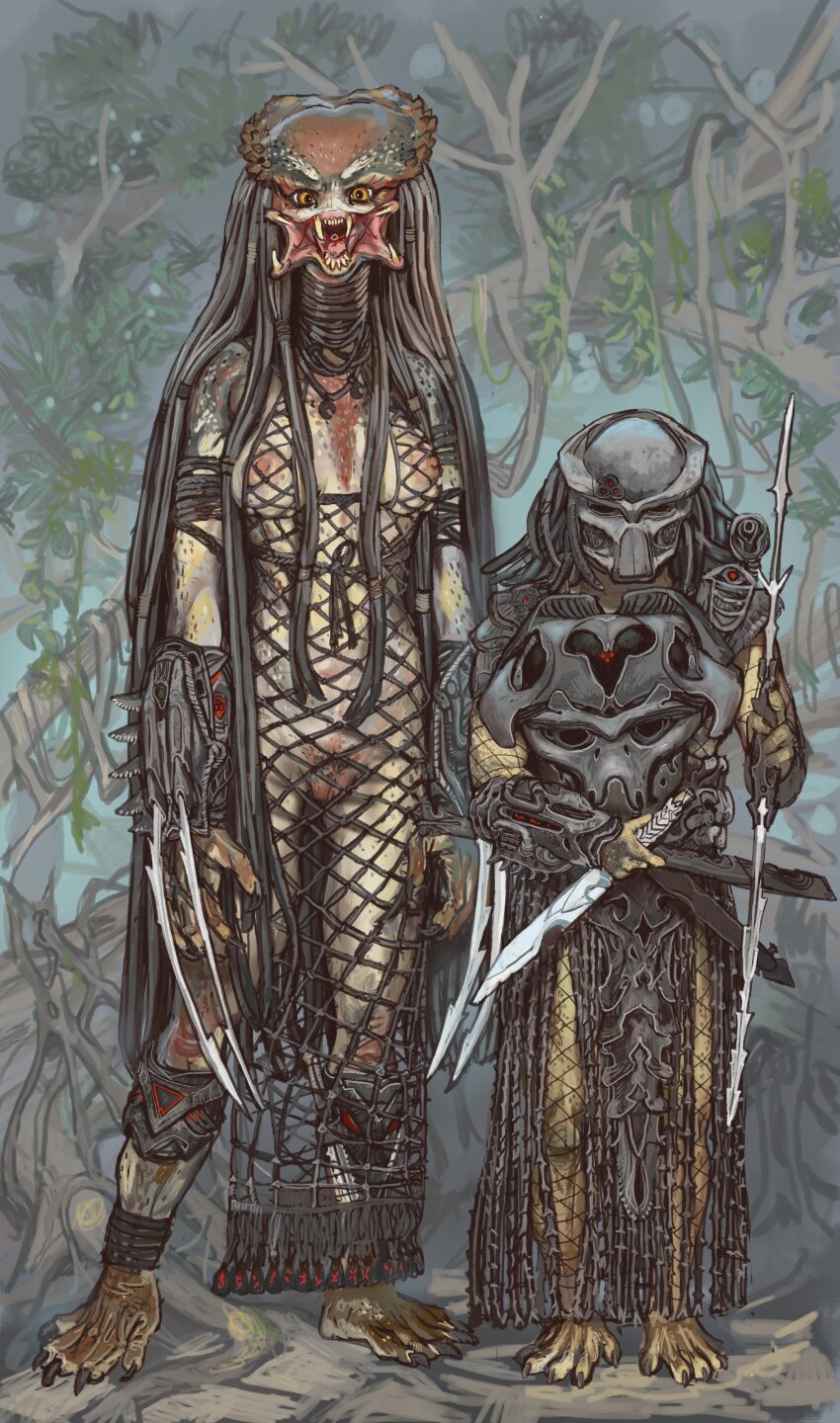 absurdres alien arm_blade armor bifurcated_jaw claws dreadlocks fangs fishnets gauntlets highres jungle long_hair mandibles monster_girl mossacannibalis nature orange_eyes pauldrons predator_(character) predator_(series) shoulder_armor shoulder_cannon tall_female weapon