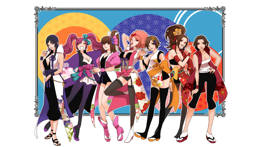 aya_gozen black_hair breasts brown_hair candy cleavage contemporary corset dress fcoat food garter_straps hand_on_own_hip high_heels highres hosokawa_gracia kaihime koshoushou large_breasts legs lollipop miniskirt nene obi oichi pantyhose platform_sandals ponytail red_hair sandals sash sengoku_musou skirt tabi tachibana_ginchiyo thighhighs
