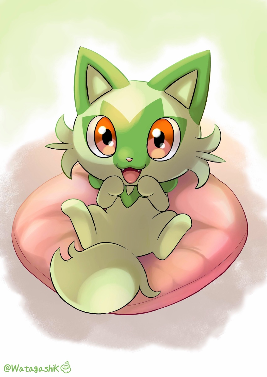 :3 :d absurdres cat commentary_request cushion fangs full_body happy highres looking_at_viewer lying nintendo no_humans on_back on_cushion open_mouth partial_commentary pokemon pokemon_(creature) pokemon_focus red_eyes signature simple_background smile solo sprigatito twitter_username watagashikn