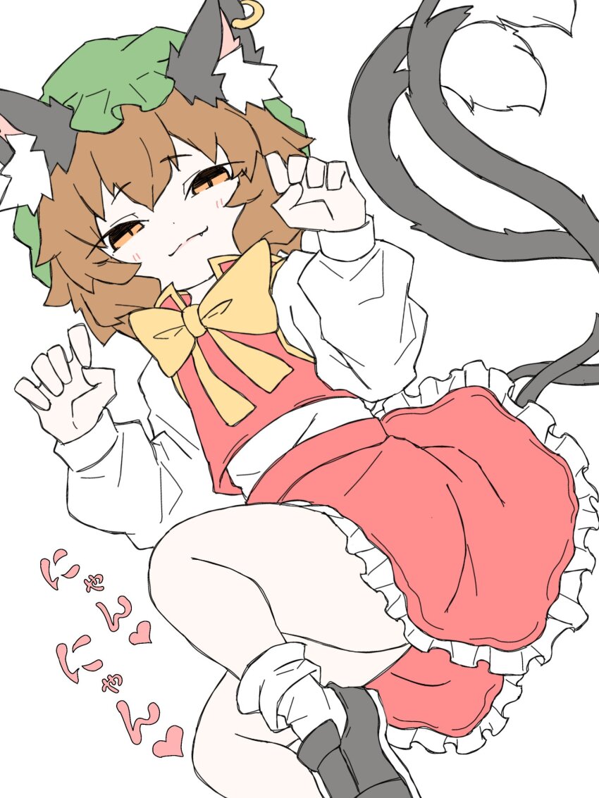 1girl animal_ear_fluff animal_ear_piercing animal_ears ass bare_legs blush bobby_socks bow bowtie brown_eyes brown_hair cat_ears cat_tail chen commentary_request double-parted_bangs earrings fang fang_out foot_out_of_frame frills from_above fumomono gold_trim hair_between_eyes half-closed_eyes hands_up hat heart highres jewelry long_sleeves looking_at_viewer lying messy_hair mob_cap multiple_tails nekomata on_side paw_pose petticoat puffy_long_sleeves puffy_sleeves red_skirt red_vest shoes short_hair simple_background single_earring skirt skirt_set slit_pupils smug socks solo split_mouth tail touhou translation_request two_tails vest white_background yellow_bow yellow_bowtie