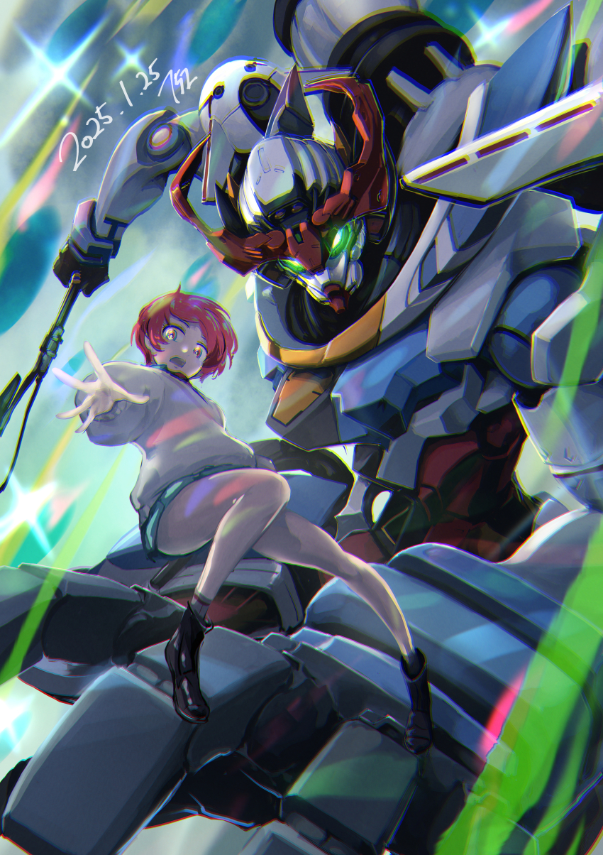 152_in_can 1girl absurdres amate_yuzuriha aqua_eyes axe commentary glowing glowing_eyes gquuuuuux green_eyes gundam gundam_gquuuuuux heat_hawk highres holding holding_axe holding_weapon long_sleeves looking_at_viewer mecha mobile_suit red_hair robot science_fiction short_hair sweater thighs weapon