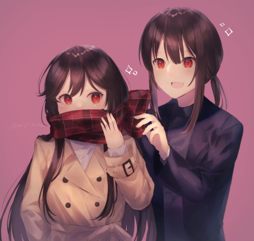 1boy 1girl :d adjusting_another&#039;s_clothes black_hair black_jacket black_shirt blush bow brother_and_sister buttons center-flap_bangs coat contemporary covered_mouth double-breasted enpera fate/grand_order fate_(series) hair_between_eyes hand_up highres jacket long_hair long_sleeves looking_at_viewer mipi oda_nobukatsu_(fate) oda_nobunaga_(fate) oda_nobunaga_(koha-ace) open_mouth pink_background plaid_clothes plaid_scarf ponytail red_eyes scarf scarf_bow scarf_over_mouth shirt siblings sidelocks simple_background smile sparkle trench_coat twitter_username upper_body very_long_hair white_shirt yellow_coat