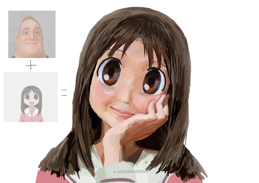 1girl absurdres azumanga_daiou black_hair brown_eyes highres kasuga_ayumu long_hair meme mr._incredible_becoming_uncanny_(meme) realistic s4nd4lf0n school_uniform white_background