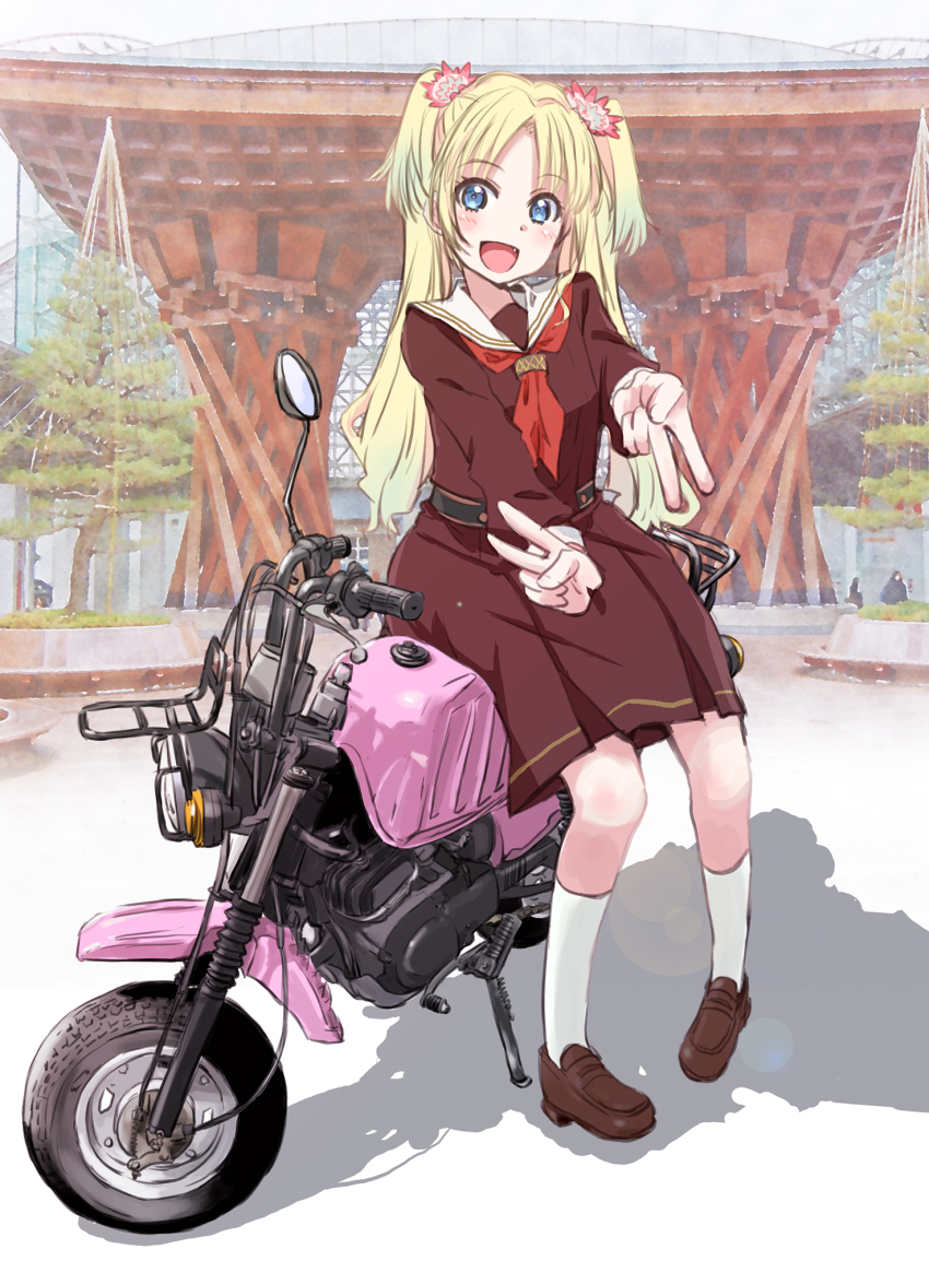 1girl blonde_hair blue_eyes brown_dress brown_shoes double_v dress gyaru_v highres link!_like!_love_live! loafers long_sleeves love_live! maruyo motor_vehicle motorcycle neckerchief open_mouth osawa_rurino red_neckerchief sailor_collar school_uniform shoes sitting socks solo twintails v white_sailor_collar white_socks winter_uniform yamaha