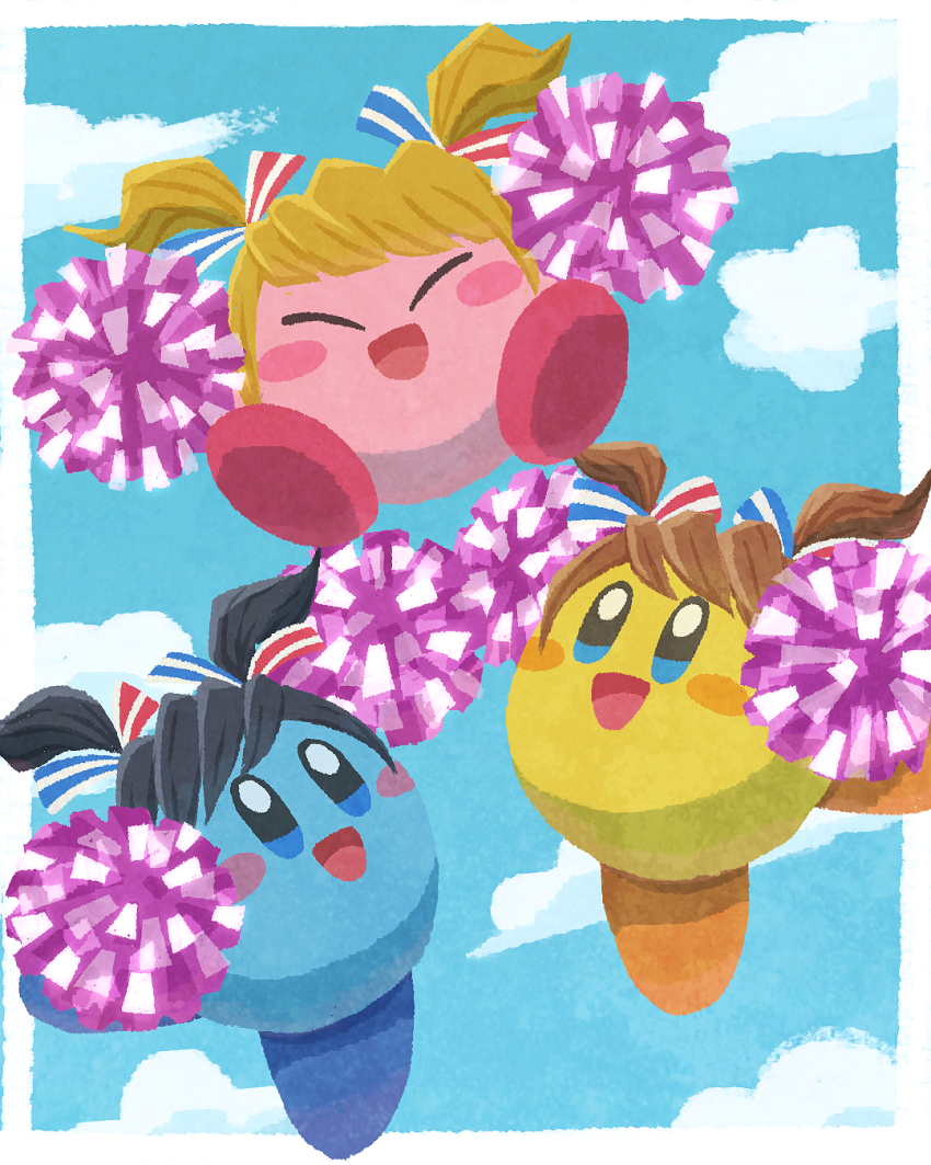 3others adapted_costume alternate_color alternate_costume black_hair blonde_hair blue_skin blue_sky blush_stickers brown_hair cheerleader cloud colored_skin dancing hair_ornament happy highres jumping kirby kirby_(series) kirby_fighters_2 miclot multiple_others multiple_persona nintendo no_humans official_alternate_costume open_mouth orange_shoes outside_border pink_skin pom_pom_(cheerleading) ribbon shoes sky staff_kirby swept_bangs twintails yellow_skin