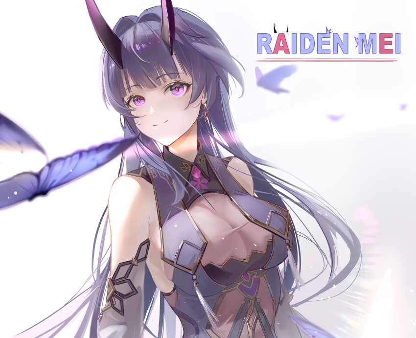1girl absurdres bare_shoulders breasts bug butterfly character_name chinese_commentary cleavage collared_dress commentary_request covered_navel detached_sleeves diamond-shaped_pupils diamond_(shape) dress earrings hair_intakes highres honkai_(series) honkai_impact_3rd horns insect jewelry large_breasts long_hair long_horns looking_at_viewer official_alternate_costume purple_butterfly purple_dress purple_eyes purple_hair purple_horns purple_sleeves raiden_mei raiden_mei_(herrscher_of_thunder) raiden_mei_(rainy_springtide) red_pupils refa see-through_cleavage see-through_clothes sidelocks simple_background smile solo symbol-shaped_pupils upper_body very_long_hair white_background