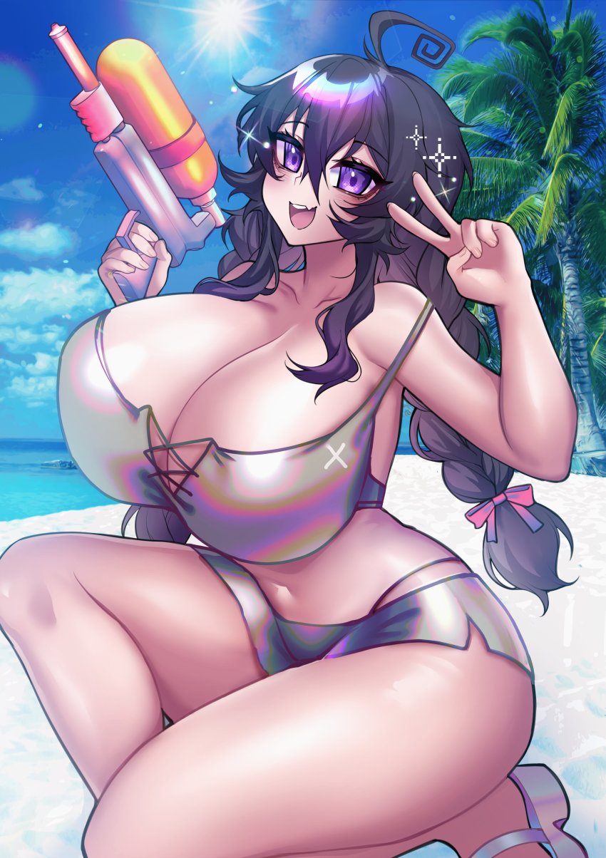 1girl absurdres ahoge beach bikini blush breasts cleavage commentary crawling_dreams curvy english_commentary fang highres holding huge_breasts long_hair looking_at_viewer merryweather messy_hair nyarla_(osiimi) osiimi outdoors palm_tree purple_eyes purple_hair skin_fang smile summer swimsuit thick_thighs thighs tree twintails v very_long_hair water_gun wide_hips