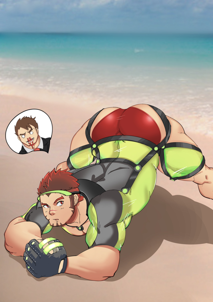 2boys absurdres akashi_(live_a_hero) akashi_(water_bullet)_(live_a_hero) arched_back arm_rest aroused_nosebleed ass bara baseball_glove beach bodysuit facial_hair feet_out_of_frame goatee green_bodysuit hands_on_ground highres jack-o&#039;_challenge large_pectorals legs_apart live_a_hero long_sideburns looking_at_viewer male_focus male_protagonist_(live_a_hero) male_swimwear mecata multiple_boys muscular muscular_male o_o official_alternate_costume pectorals photo_background red_eyes red_hair red_male_swimwear scar scar_on_face scar_on_nose short_hair sideburns solo_focus stretching swim_briefs thick_eyebrows top-down_bottom-up yaoi