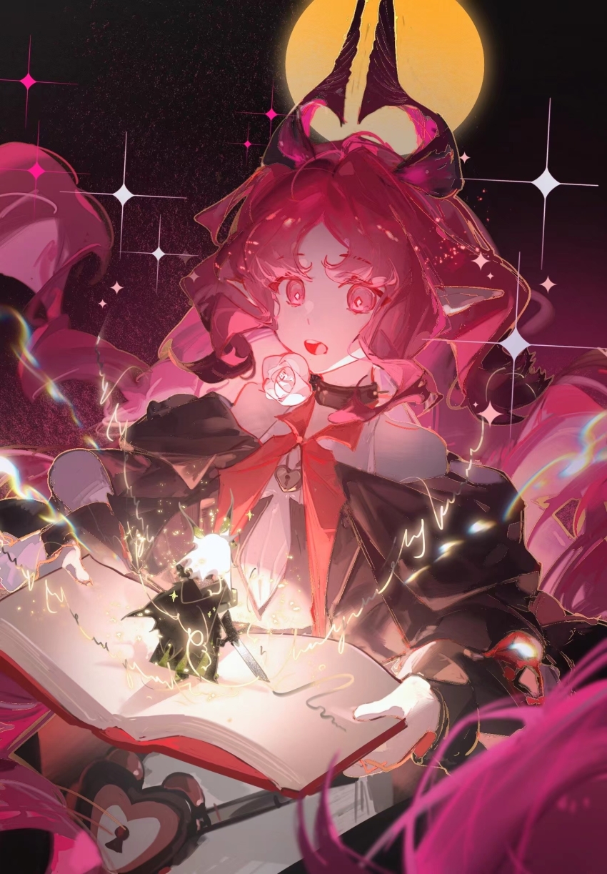 2girls arknights bare_shoulders book bright_pupils chinese_commentary commentary_request diamond-shaped_pupils diamond_(shape) floating_hair flower hewu639356 highres holding holding_book holding_sword holding_weapon jewelry kal&#039;tsit_(arknights) keyhole locket long_hair long_sleeves looking_at_viewer magic mini_person minigirl multiple_girls nymph_(arknights) open_book open_mouth pendant pink_eyes pink_hair pointy_ears rose sparkle sword symbol-shaped_pupils very_long_hair weapon white_flower white_pupils white_rose