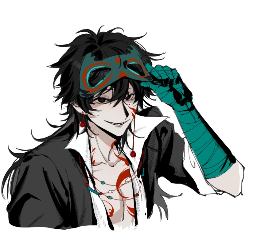 1boy adjusting_mask bandaged_arm bandaged_hand bandages black_eyes black_hair black_jacket chest_tattoo chinese_commentary commentary_request cropped_shoulders earrings facial_tattoo grin hair_between_eyes highres huayangshan_jishi jacket jewelry karaiii long_hair male_focus mole mole_under_eye neck_tattoo necklace open_clothes open_jacket open_shirt red_pupils shirt simple_background sleeves_rolled_up smile solo tattoo white_background white_shirt zhao_yuwen
