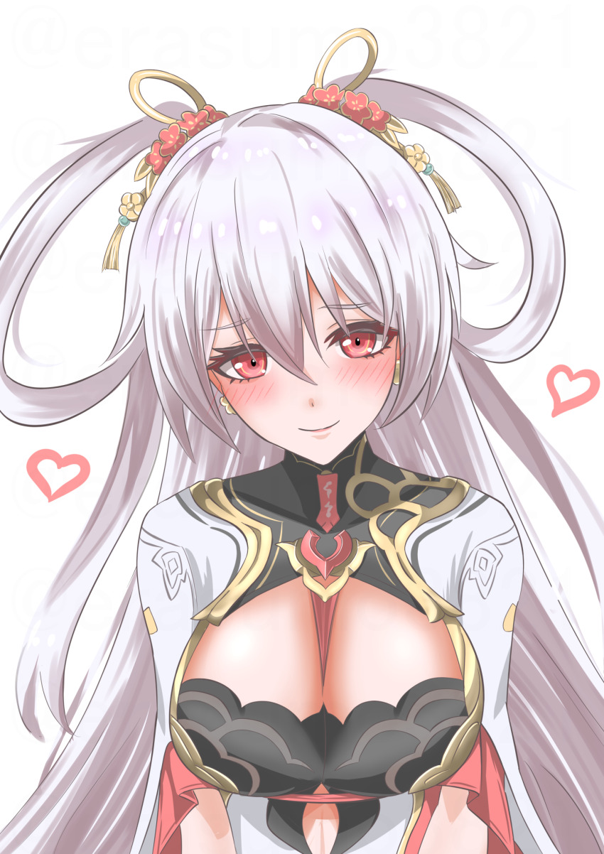 1girl blush breasts closed_mouth commentary_request earrings erasumo3821 hair_ornament hair_rings heart highres honkai_(series) honkai_impact_3rd jewelry large_breasts long_hair looking_at_viewer official_alternate_costume red_eyes simple_background smile solo theresa_apocalypse theresa_apocalypse_(luna_kindred) theresa_apocalypse_(lunar_vow:_crimson_love) theresa_apocalypse_(redolent_in_red) upper_body white_background white_hair