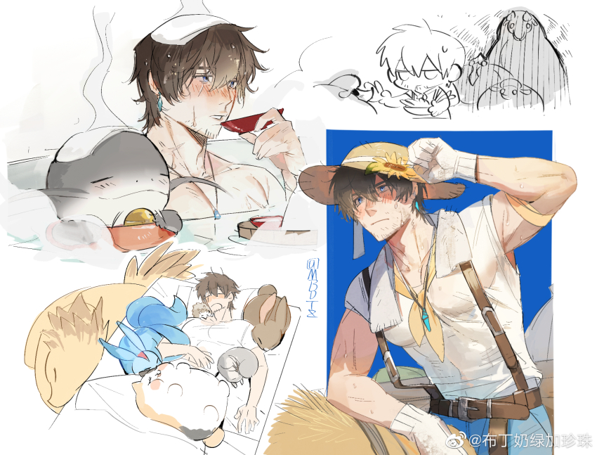 1boy adventurer_(ff14) afloat alternate_costume ardbert_hylfyst bara black_hair blue_eyes blush brown_hair character_request chinese_commentary creature cup denim dog earrings facial_hair facial_scar final_fantasy final_fantasy_xiv flower hair_between_eyes hat highres holding holding_cup hyur jeans jewelry male_focus mature_male mbdtz onsen pants rabbit sakazuki scar scar_across_eye scar_on_cheek scar_on_face scar_on_neck see-through_clothes shirt short_hair sketch sleeping stubble sun_hat sunflower suspenders sweat thick_eyebrows tight_clothes tight_shirt towel unamused warrior_of_light_(ff14) watermark weibo_watermark wet wet_hair white_shirt yawning