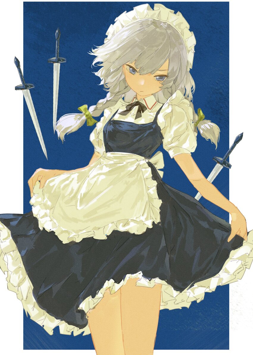 1girl absurdres apron askeladd6713 blue_background blue_eyes blue_skirt blue_vest border bow braid closed_mouth collared_shirt cowboy_shot green_bow grey_hair hair_bow hashtag-only_commentary highres izayoi_sakuya knife long_hair looking_at_viewer maid_headdress puffy_short_sleeves puffy_sleeves shirt short_sleeves side_braids skirt skirt_hold solo touhou vest waist_apron white_apron white_border white_shirt