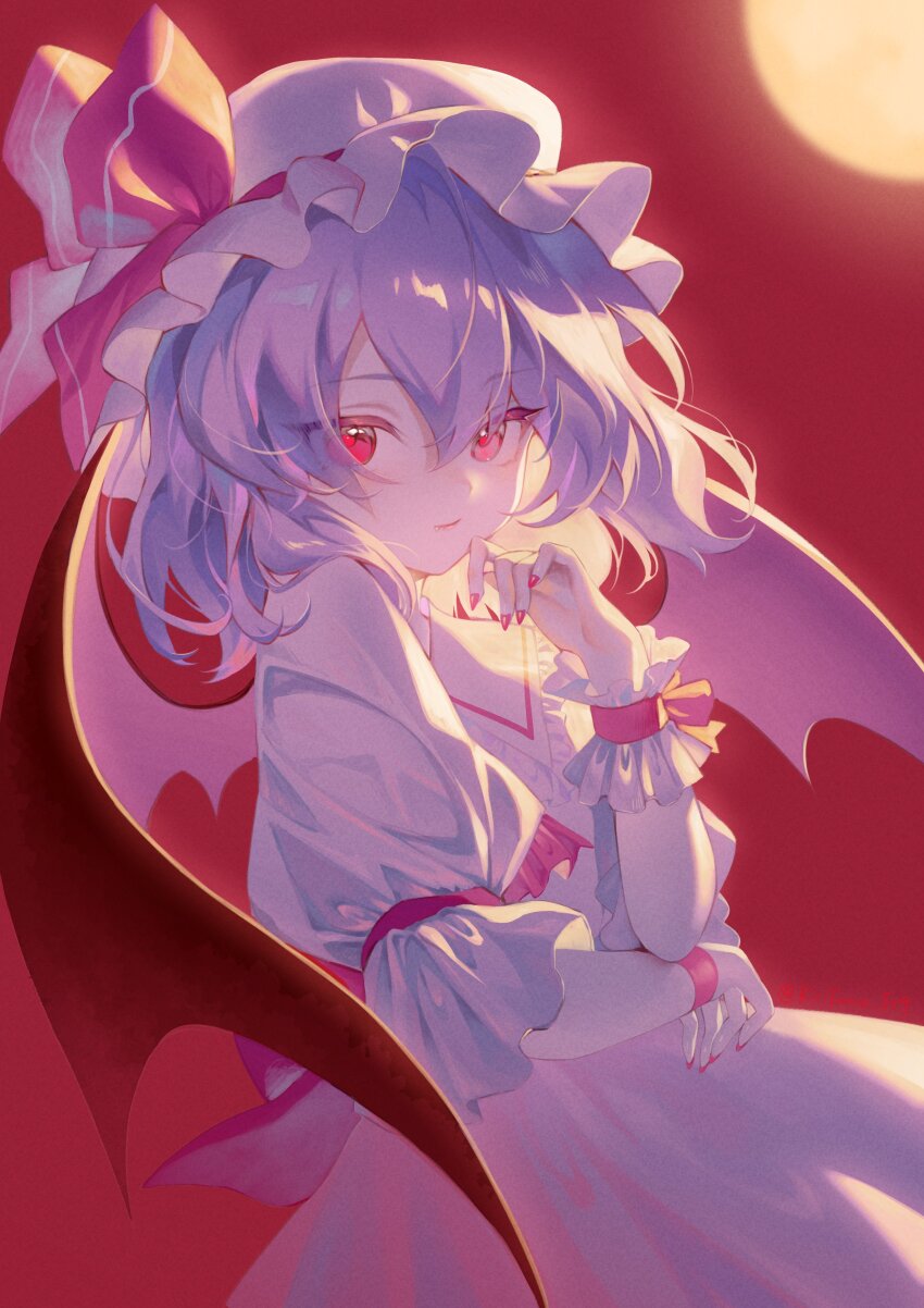 1girl absurdres bat_wings bow closed_mouth colored_eyelashes commentary_request double-parted_bangs dress elbow_rest eyes_visible_through_hair film_grain frilled_dress frilled_headwear frilled_sleeves frilled_wristband frills grey_hair hair_between_eyes hand_up hat hat_bow highres kiriyume lips medium_hair mob_cap moon nail_polish outdoors puffy_short_sleeves puffy_sleeves red_bow red_eyes red_nails red_sky red_wings remilia_scarlet short_sleeves sidelighting sky solo touhou tsurime twitter_username upper_body white_dress white_hat wings