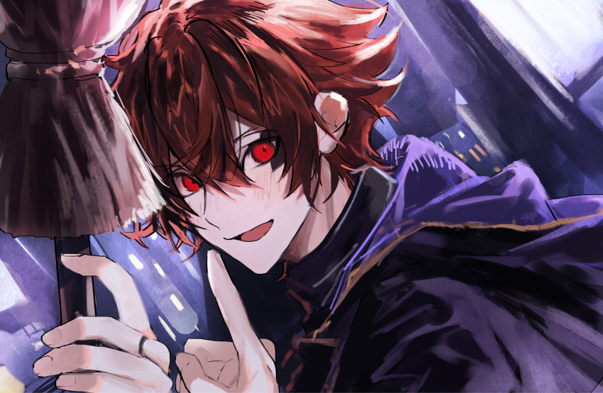 1boy abstract_background ace_trappola blush broom commentary_request facial_tattoo hair_between_eyes highres holding holding_broom hooded_robe index_finger_raised jewelry looking_at_viewer male_focus nana_tetra open_mouth portrait purple_robe red_eyes red_hair ring robe short_hair solo tattoo twisted_wonderland