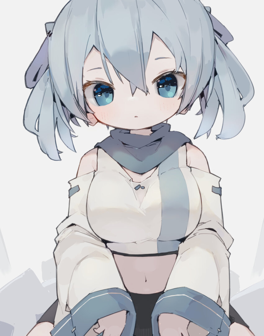 1girl absurdres aqua_hair bare_shoulders black_shorts blue_ribbon breasts crop_top detached_sleeves hair_between_eyes hair_ribbon highres large_breasts long_sleeves looking_at_viewer navel nep_(nep_76) original parted_lips ribbon shorts sitting solo two_side_up white_sleeves wide_sleeves