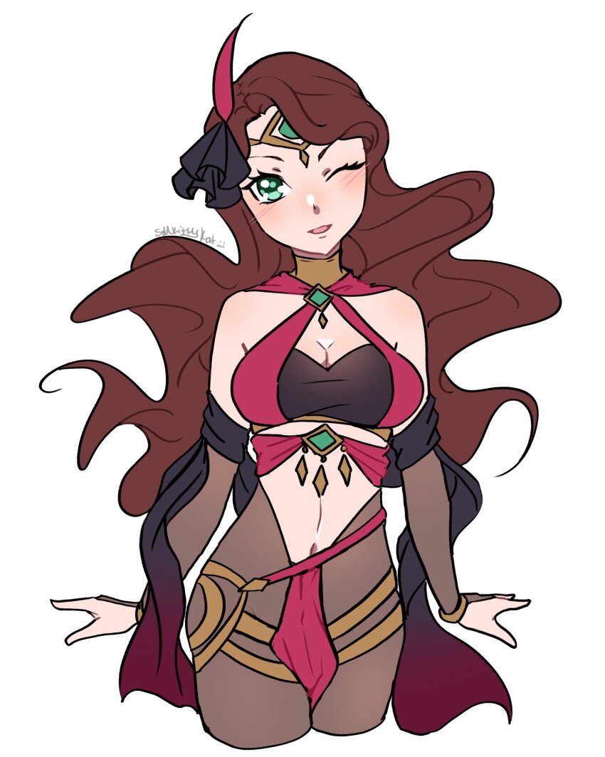 1girl blush breasts bridal_gauntlets brown_hair cleavage dancer dorothea_arnault dorothea_arnault_(plegian) eyelashes feathers fire_emblem fire_emblem:_three_houses fire_emblem_heroes green_eyes hair_ornament highres large_breasts long_hair looking_at_viewer midriff navel nintendo official_alternate_costume one_eye_closed open_mouth pantyhose pelvic_curtain smile smkittykat solo
