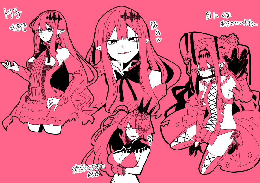 1girl absurdres arm_under_breasts baobhan_sith_(fate) baobhan_sith_(first_ascension)_(fate) baobhan_sith_(swimsuit_pretender)_(fate) baobhan_sith_(swimsuit_pretender)_(third_ascension)_(fate) baobhan_sith_(third_ascension)_(fate) bikini breasts cleavage detached_collar detached_sleeves dress facial_mark fate/grand_order fate_(series) frilled_dress frills gag grey_eyes hand_on_own_hip hand_up hat highres looking_at_viewer monochrome multiple_views pink_hair pink_theme pointy_ears rachel114514 side_ponytail sidelocks smile swimsuit veil