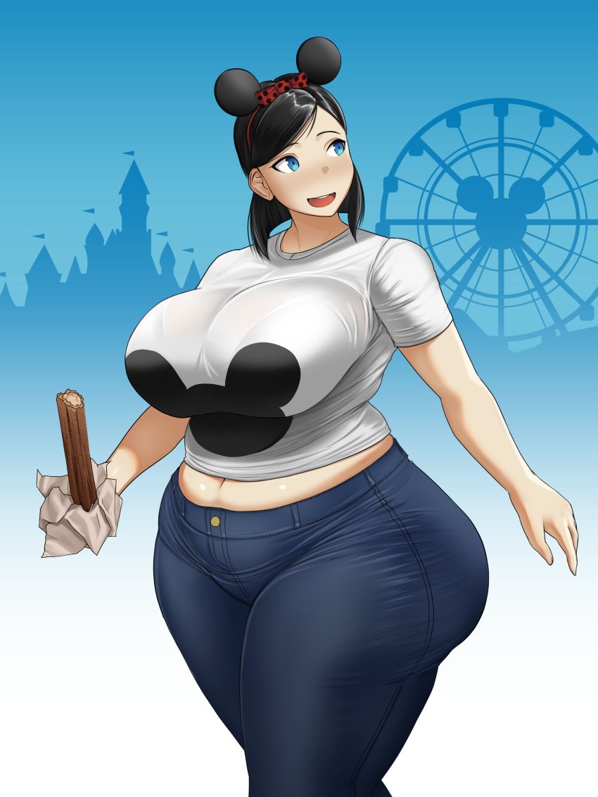 1girl absurdres amusement_park animal_ears ass bad_id bad_pixiv_id belly black_hair blue_eyes blush bow breasts castle churro cosplay denim disney disneyland fake_animal_ears female_focus ferris_wheel flag food hair_ornament happy highres holding huge_ass huge_breasts jeans mickey_mouse mickey_mouse_(cosplay) mouse_ears navel open_mouth original outdoors pants plump short_hair smile solo standing thick_thighs thighs tight_clothes toroboro wide_hips