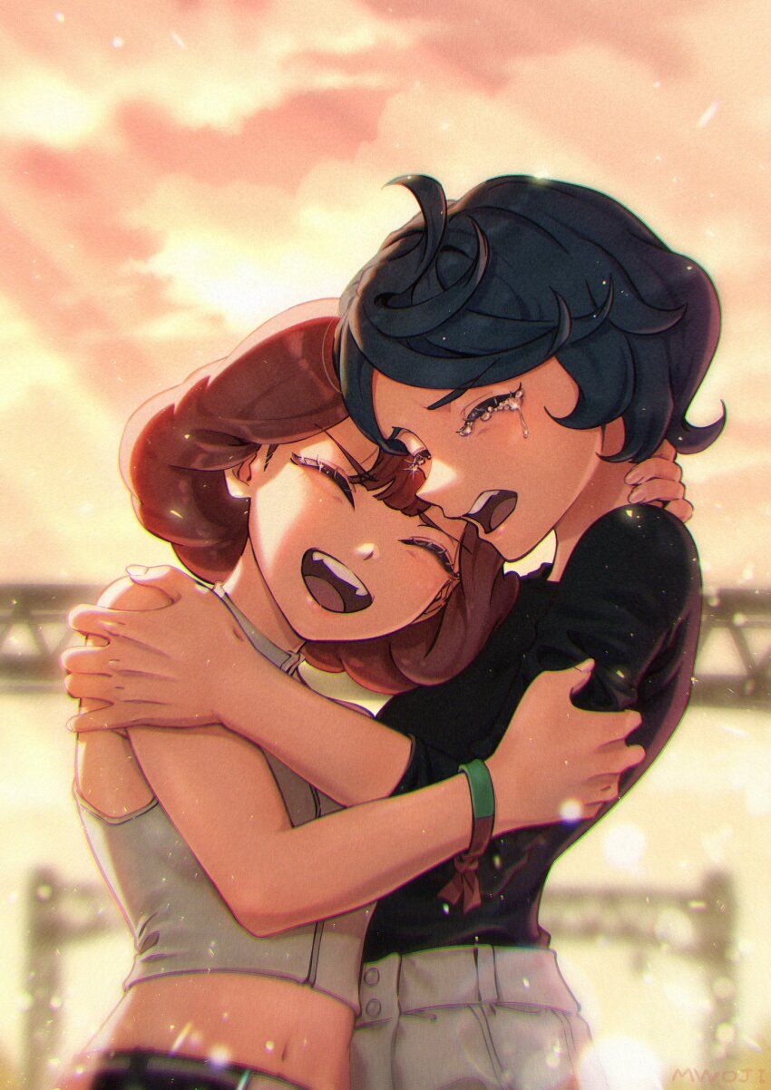 2girls bare_shoulders belt black_hair black_shirt crying fangs gundam gundam_suisei_no_majo highres hug medium_hair midriff multiple_girls mwoji navel norea_du_noc open_mouth orange_hair shirt sophie_pulone tears two-tone_wristband white_shirt wristband