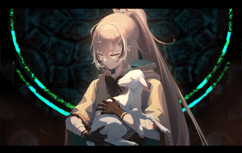1girl absurdres animal brown_capelet brown_cloak brown_hair cape capelet cloak closed_eyes dark_background feather_hair_ornament feathers gloves glowing_markings hair_ornament hairclip highres holding holding_animal hololive hololive_english lamb long_hair lost_lamb multicolored_hair nanashi_mumei nanashi_mumei_(1st_costume) onecolo133 partially_fingerless_gloves ponytail sheep shirt smile streaked_hair very_long_hair virtual_youtuber white_shirt