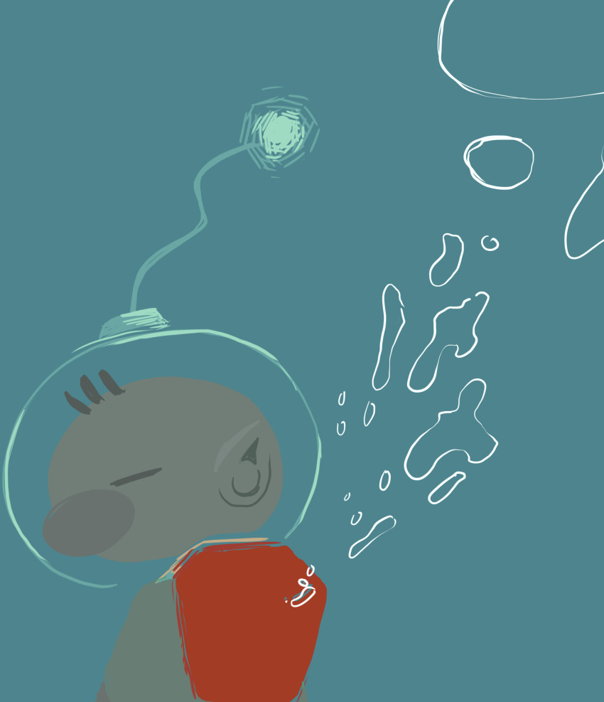1boy air_bubble aqua_background backpack bag big_nose brown_hair bubble closed_eyes commentary_request from_behind helmet highres iat-418 looking_back male_focus nintendo no_mouth olimar pikmin_(series) pointy_ears radio_antenna red_bag short_hair simple_background solo space_helmet spacesuit upper_body very_short_hair
