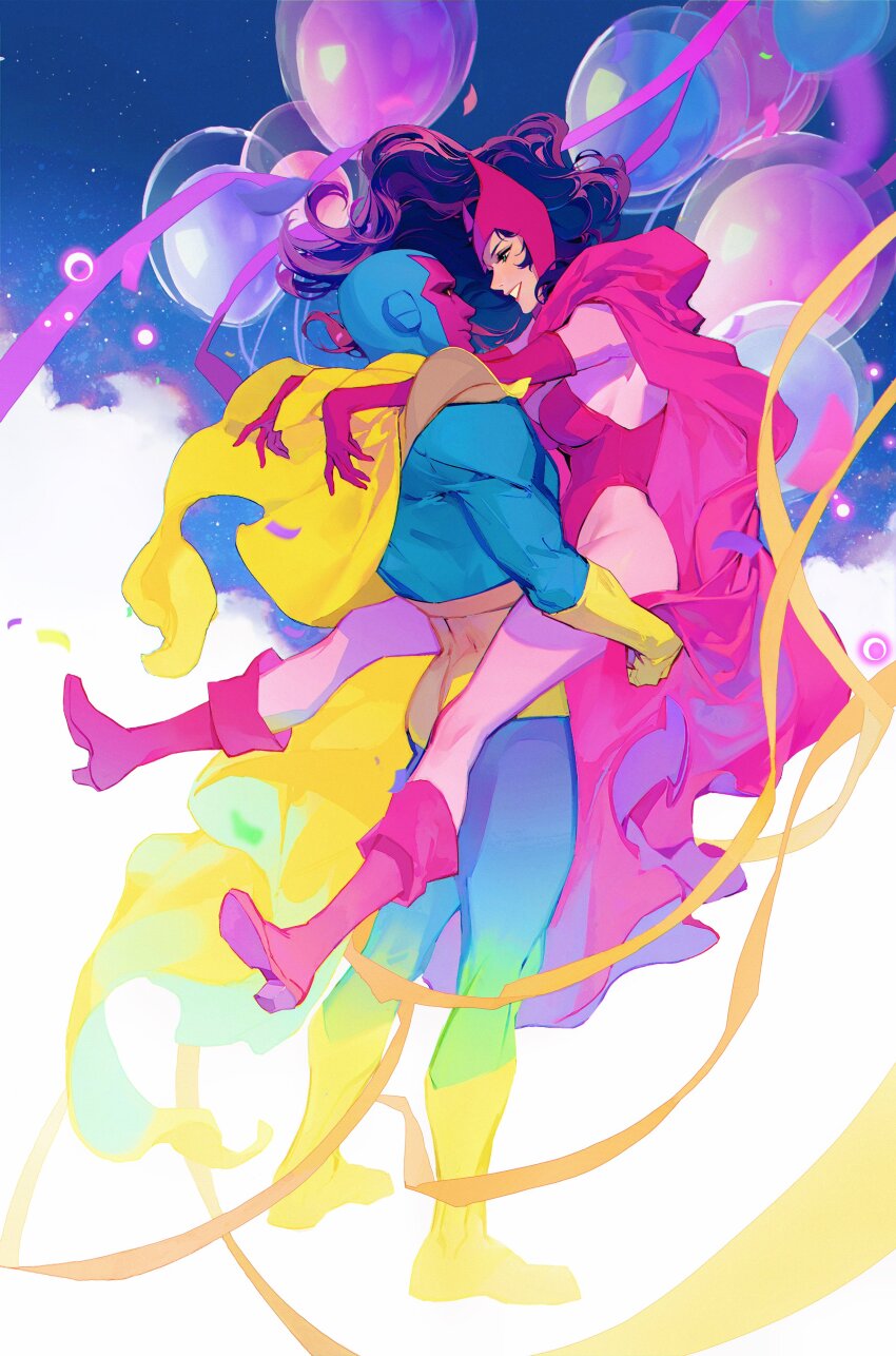 1boy 1girl absurdres al_(ahr) aqua_eyes back balloon black_hair blue_bodysuit blue_skin blue_sky bodysuit boots breasts cape carrying carrying_person closed_mouth cloud colored_skin confetti couple day elbow_gloves floating_hair full_body gloves hetero highres large_breasts leotard long_hair looking_at_another marvel marvel_cinematic_universe mask mask_on_head multicolored_skin outdoors pink_boots pink_cape pink_gloves pink_leotard pink_mask pink_skin red_lips scarlet_witch sky smile standing strapless strapless_leotard teeth vision_(marvel) wanda_maximoff wandavision wavy_hair yellow_boots yellow_cape yellow_gloves