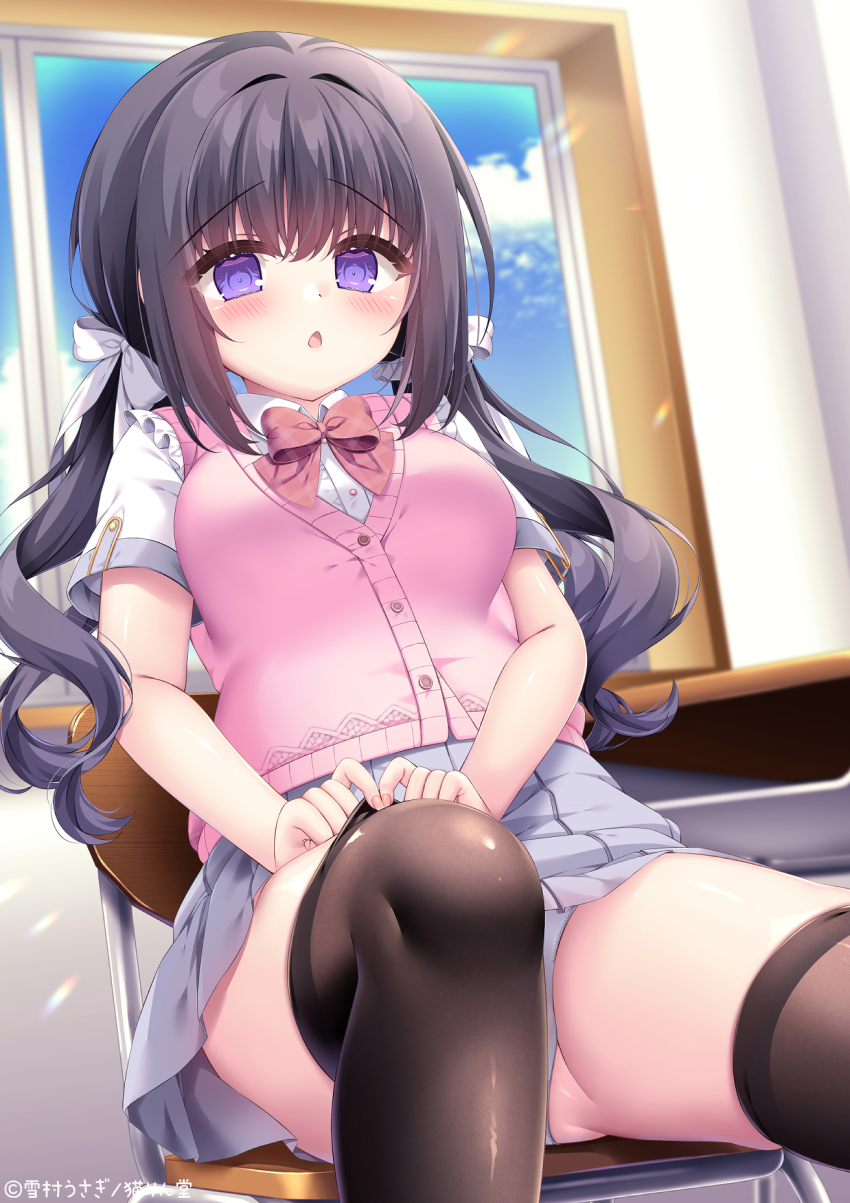 1girl black_hair black_thighhighs blush bow bowtie breasts collared_shirt grey_skirt hair_between_eyes hair_bow hair_ornament hair_ribbon highres indoors large_breasts long_hair looking_at_viewer open_mouth original panties pink_sweater_vest pleated_skirt purple_eyes red_bow ribbon school_uniform shirt short_sleeves sitting skirt solo sweater_vest thighhighs underwear white_bow white_shirt yukimura_usagi