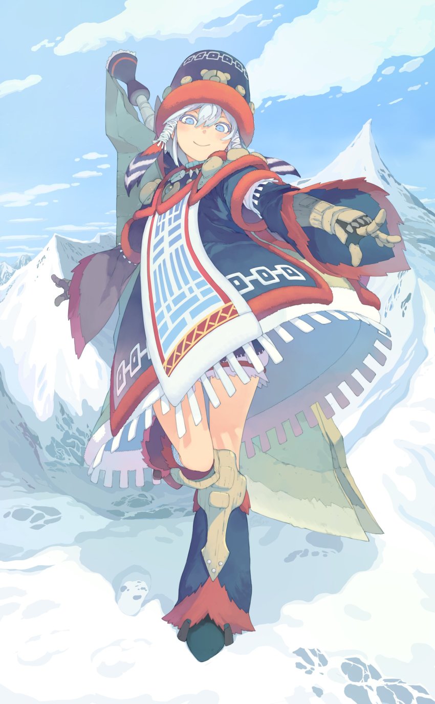 1girl absurdres armor arms_at_sides blue_dress blue_eyes blue_hair blue_hat coat commentary constricted_pupils day dress footprints from_below full_body fur gammoth gammoth_(armor) gauntlets hair_between_eyes hair_tubes hat highres holding_behind_back holding_weapon_behind_back huge_weapon leg_up leg_warmers looking_at_viewer looking_down monster_hunter_(series) monster_hunter_x morino_hon mountain outdoors short_hair sky smile snow solo standing standing_on_one_leg sword sword_on_back tabard upskirt weapon weapon_on_back wide_sleeves