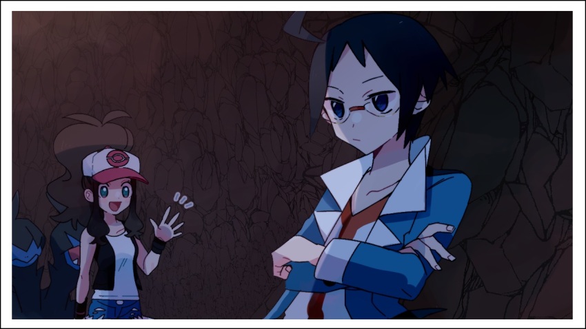 1boy 1girl :d ahoge antenna_hair baseball_cap black_hair black_vest blue_jacket brown_hair cheren_(pokemon) closed_mouth collarbone commentary_request crossed_arms gen_5_pokemon glasses hand_up hat high_ponytail hilda_(pokemon) jacket long_hair misha_(ohds101) nintendo notice_lines open_mouth pokemon pokemon_(creature) pokemon_bw ponytail shirt short_hair sidelocks sleeveless sleeveless_shirt smile tongue vest white_shirt wristband zweilous